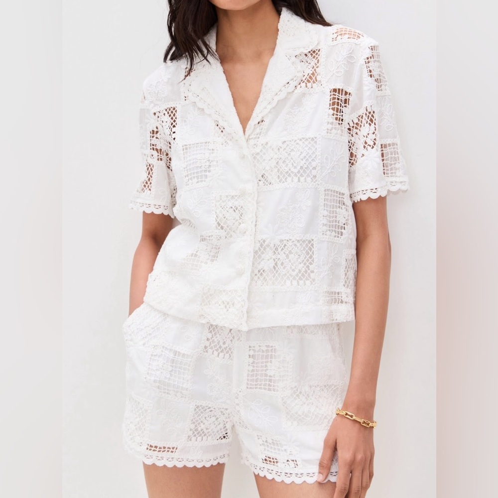 NWT Tuckernuck English Factory Summer White Crochet Short Sets Elastic Blouse